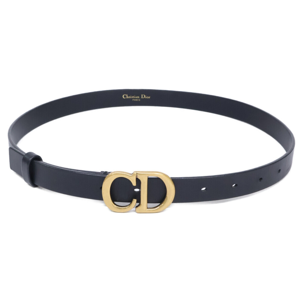 Christian Dior 60-MA-0250 CD Buckle Leather Narrow Belt 75 Gold Black Women's
